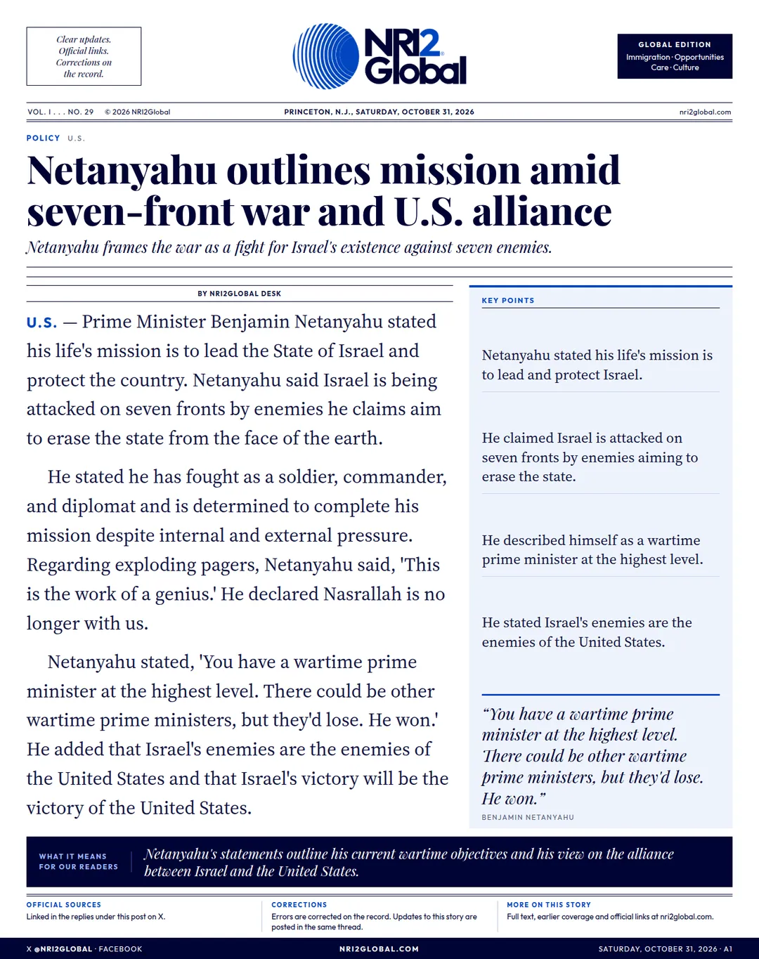 Netanyahu outlines mission and wartime strategy
